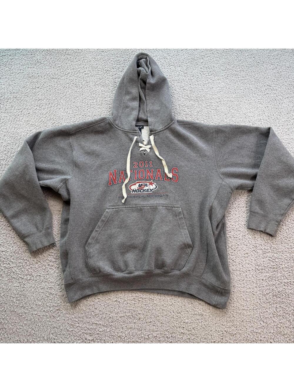 USA Hockey 2011 Nationals Rochester Michigan Lace Up Hoodie Gray Pullover M